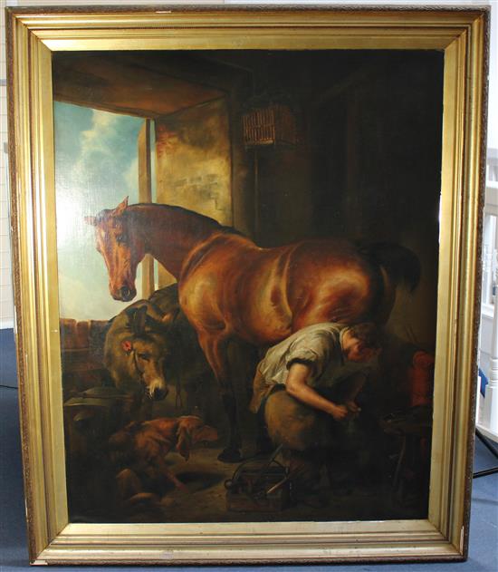 A. Scott (19th C.) Blacksmith shoeing a horse with a donkey and hound onlooking, 56 x 44in.